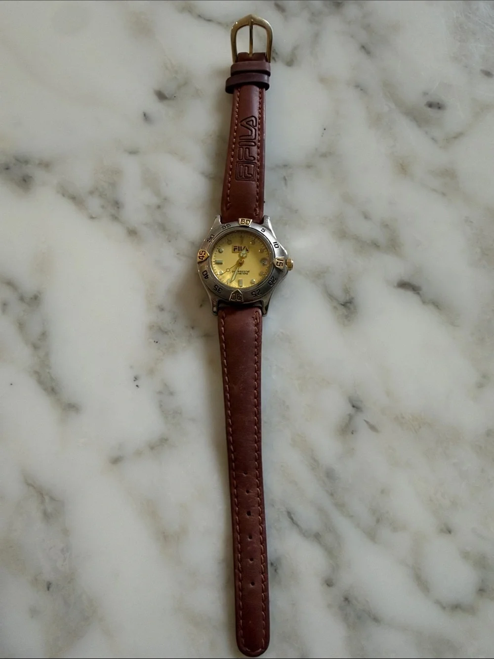 Vintage FILA Professional Meters Brown Leather Watch Gold Dial Needs Battery